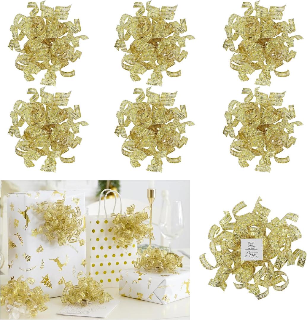 AIMUDI Metallic Gold Curly Bows for Gift Wrapping 5'' Christmas Burst Ribbon Bows Self Adhesive Gift Bows for Presents, Treat Bags, Wine Bottles Party Holiday Wedding Christmas Decoration - 6 Counts