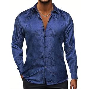 Hi-Tie Silk Mens Paisley Dress Shirts Casual Long Sleeve Button Down Regular Fit Shirts Formal Wedding Party Business, Medium