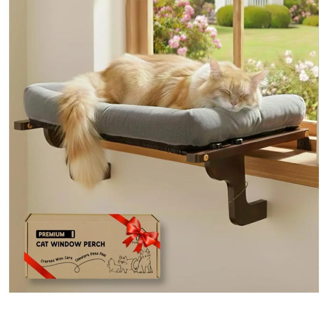 Ready to Gift] PURRHOUSE Cat Window Perch with Cushion Bolster and Cool Pad, Cat Hammocks for Windows with Wood & Robust Metal Frame for Large Cats, Beds for Windowsill, Bedside and Cabinet,24''W