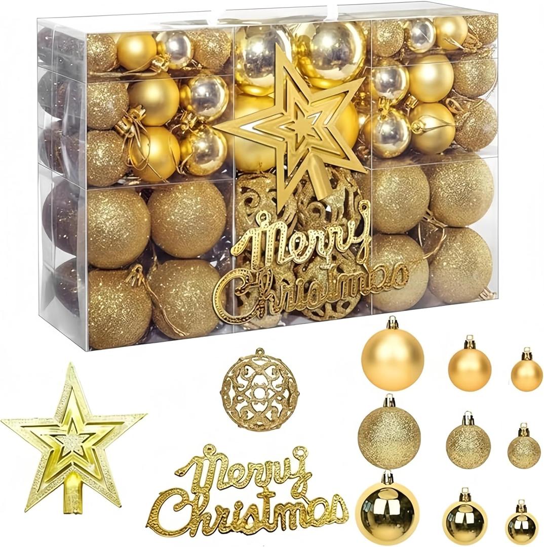 102 Christmas Balls Ornaments Set, Colorful Shatterproof Plastic Christmas Tree Ornaments, Reusable Christmas Decorations Set Xmas Tree Decor Holiday Party Decoration with Hanging Hooks (Gold)