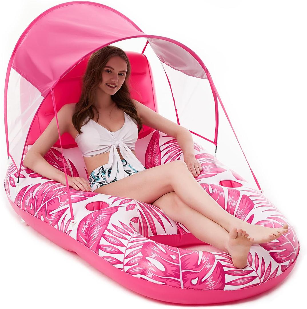 Jasonwell Pool Floats with Canopy - Inflatable Pool Float Adult Lounger Floaties Raft Floating Chair for Swimming Pool Lake Water Lounge Float with Cup Holders Beach Pool Party Toys for Adults (X-Large, Rose)