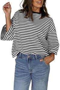 Women's Boho Blouse Red Stripe Bowknot Cutout Back Drop Shoulder Wide Bracelet Sleeve Loose Tee Black Stripe M