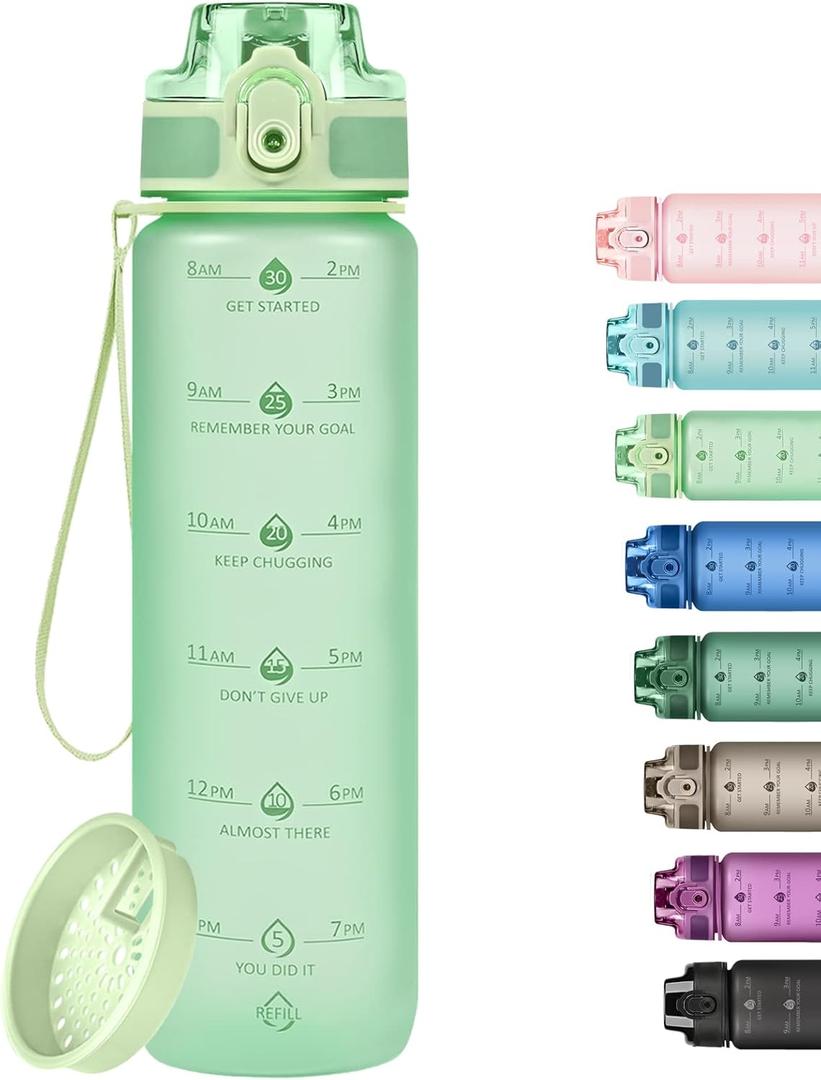 32oz Water Bottle with Time Marker, Motivational Drinking Bottle with Strap, BPA-Free Leak-Proof, Encouraging Water Bottle Time to Drink Water for Gym School Office Travel (Light Green)