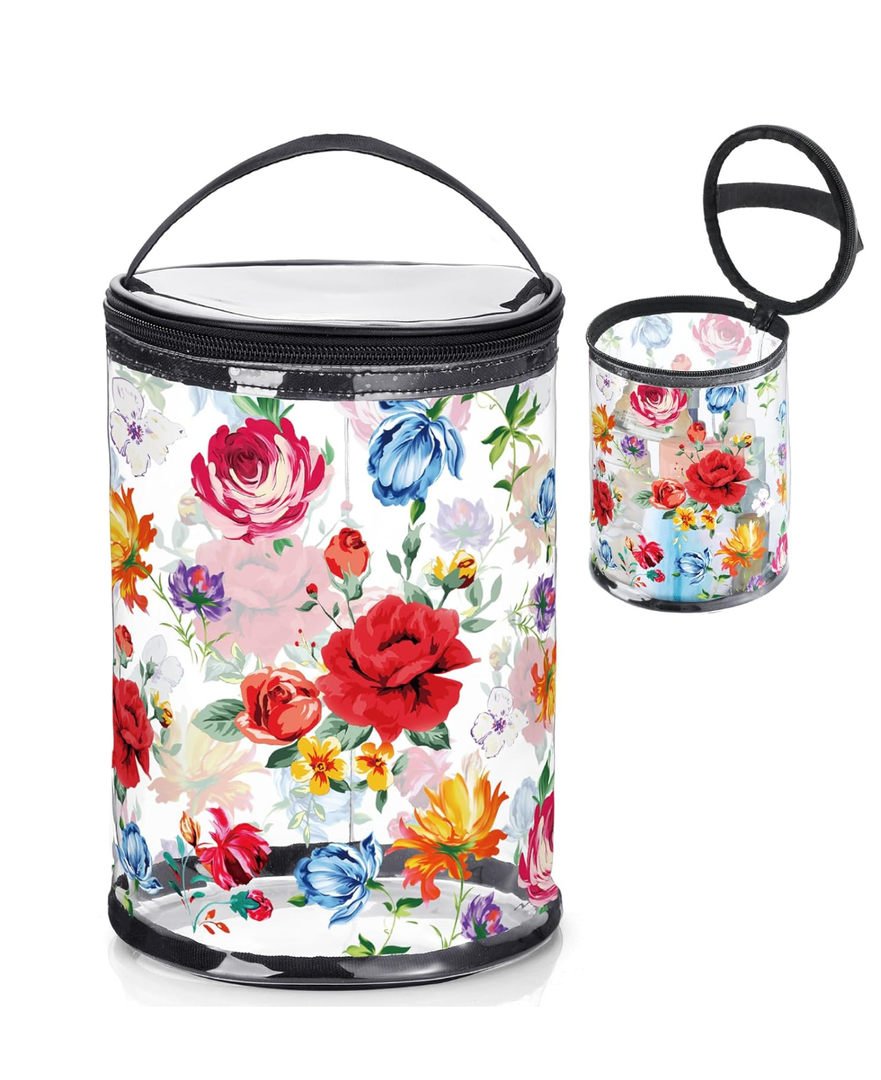 Beach Gifts Heavy Duty Clear Lotion Toiletry Bags for Travel Sunscreen Makeup Cosmetic Pouch Cylinder Bag Waterproof Portable Trip Bag with Handle Zipper(Flowers)