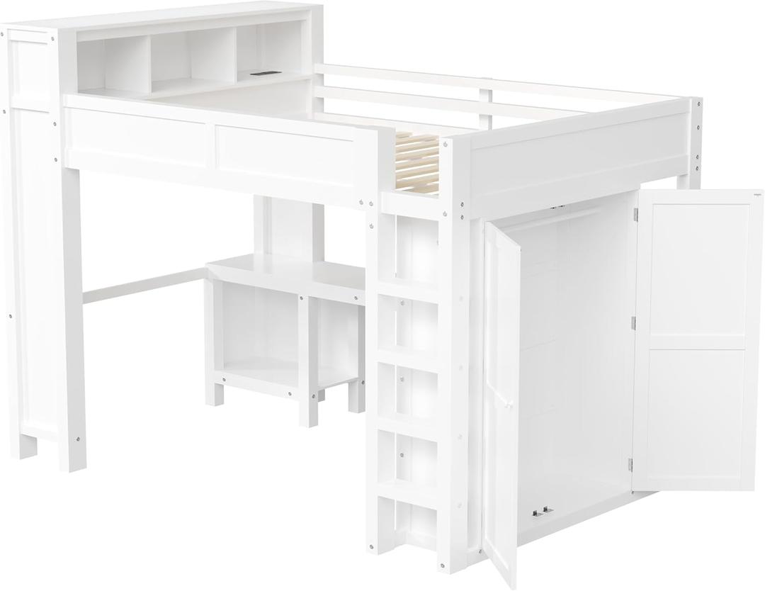Merax Queen Loft Bed Frame with Desk and Wardrobe, Headboard with Storage & Charging Station, Wood Loft Bunk Bed with Solid Slats & Guardrail, No Box Spring Needed, Space-Saving, Noise Free, White