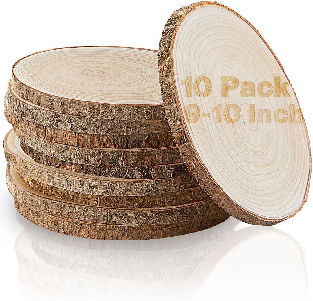 Set of (10) 9-10 Inches Wood Slices, Wood Centerpieces for Tables, Wood Slices for Centerpieces, Unfinished Wood Rounds for Rustic Wedding, Baby Shower, Party, Natural Paulownia Slabs