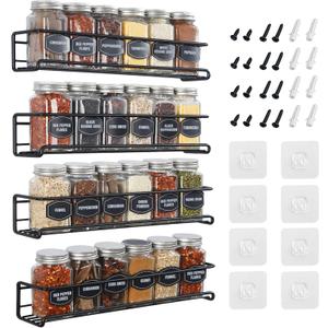 Spice Rack Wall Mounted 4 Tier  Space-Saving Kitchen Spice Organizer for Seasonings  Screw or Adhesive Hanging  Wall Mount Hanging Spice Rack for Wall, Cabinet, Pantry Door 2.5x 2.5x11.5 in (Black)