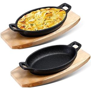 Mifoci 2 Sets Mini Cast Iron Skillet with Wooden Base - Fajita Plates, Baker's Skillet - Matte Black Small Cast Iron Pan for Kitchen, Restaurant, Barbecue Dinner (8.7 x 4.7 x 1.6 Inches)