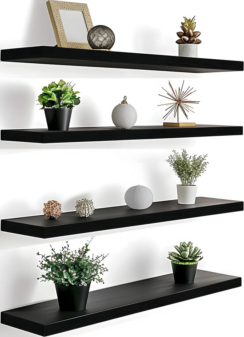 GXYAWPJ 24 Inch Floating Shelves for Wall Rustic Black Wood Wall Shelves for Bedroom Set of 4