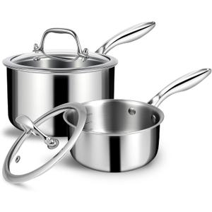 EWFEN 3 Ply Stainless Steel Sauce Pan Set with Lids, 1 & 2 Quart Multipurpose Cooking Pot, Stay-Cool Handle, Induction Oven Dishwasher Safe, 1QT & 2QT