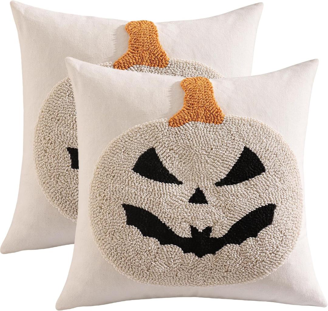 Tosleo Halloween Throw Pillow Covers 18x18 Set of 2 Beige Smiley Face Pumpkin Embroidery Pillow Cases Thanksgiving Home Party Fall Decor Bat Pillowcases Cushion Covers for Sofa Bed Couch