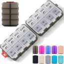 Foldable Weekly Pill Organizer 2 Times a Day with 2 Extra Compartments - Etched Label - Portable 7 Day AM PM Medicine Box, Week Daily Travel Pill Case Holder for Meds, Vitamin, Supplement, Clear Black