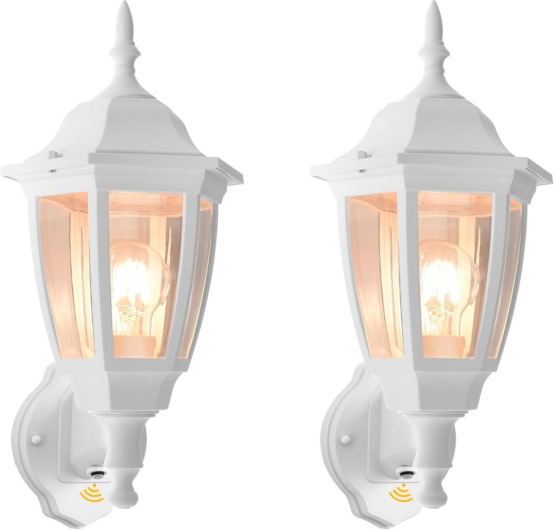 FUDESY Outdoor Wall Light Dusk to Dawn, Porch Sensor Light White Plastic Anti-Corrosion with LED Edison Filament Bulb, Exterior Mount Lantern for House, Garage (2-Pack)