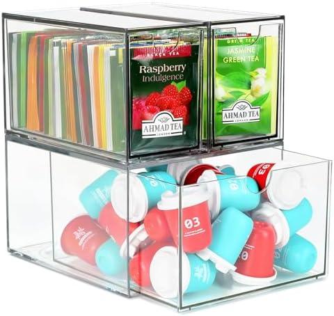 3 Tea and Coffee Organizer and Storage, Acrylic Tea Bag Holder Organizer, Plastic K Cup Drawer Container for Cabinet
