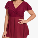 Women's Plus Size Swimsuit Ruffle Sleeve Swim Dress One Piece Tummy Control Bathing Suit V Neck Swimwear XXXL