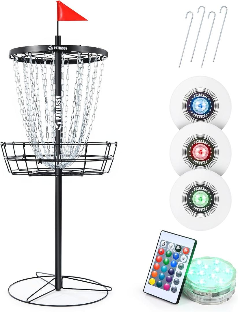 Disc Golf Basket with 24/12 Heavy Duty Chains, Disc Golf Target with Adjustable Height/Sound Reducer & Remote LED Light & Light Up Discs, Durable Practice Goal with Ground Stake for Backyard