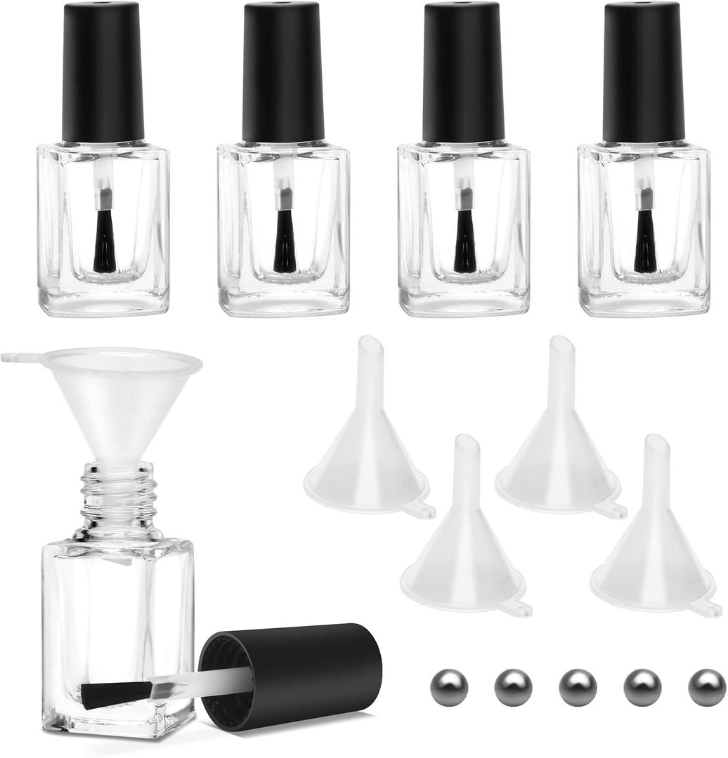 AHIER Empty Nail Polish Clear Bottles with Brush Cap Funnel and Mixing Ball (15ml 5p)