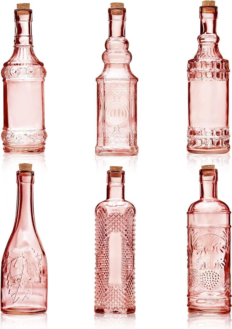 Assorted Reddish Glass Bottles with Corks, 6 Pack, 2.5in X 9in, 16oz (Reddish/Orange)