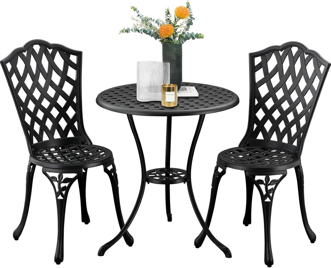 3-Piece Outdoor Bistro Set Cast Aluminum Patio bar Set with Umbrella Hole, Balcony, Backyard (Black, Grid)