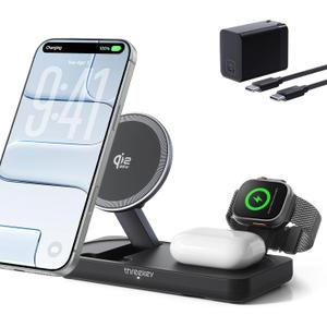 THREEKEY 3 in 1 iPhone 17 Charging Station,MagSafe Charger Compatible, Qi2 25W MFi Certified Wireless Charger Stand for iPhone 17/16/15/14/13/12, Apple Watch, AirPods(45W Adapter Included) (Black)