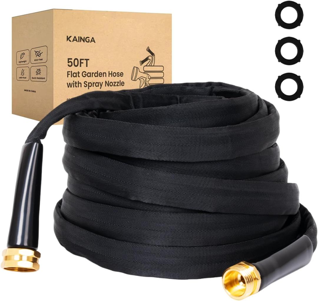 Lightweight Flat Garden Hose 50 FT, 3/4" GHT Flexible Water Hose, Kink Free & Durable 800D Fabric, Portable 50ft Garden Hose for Lawn, Yard, Car Wash