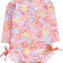 RuffleButts Baby Girls UPF 50+ Sun Protection Floral Printed Long Sleeve One Piece Rash Guard Swimsuit with Zipper, Size 6-12M