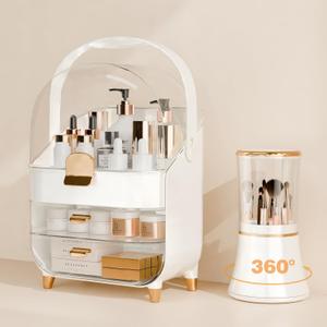 Makeup Organizer Countertop With Lid And Drawers Large Skin Care Cosmetic Display Case Holder for Vanity Desk Bathroom Storage Box Gift for Women Teens Girls,White With Brush Holder