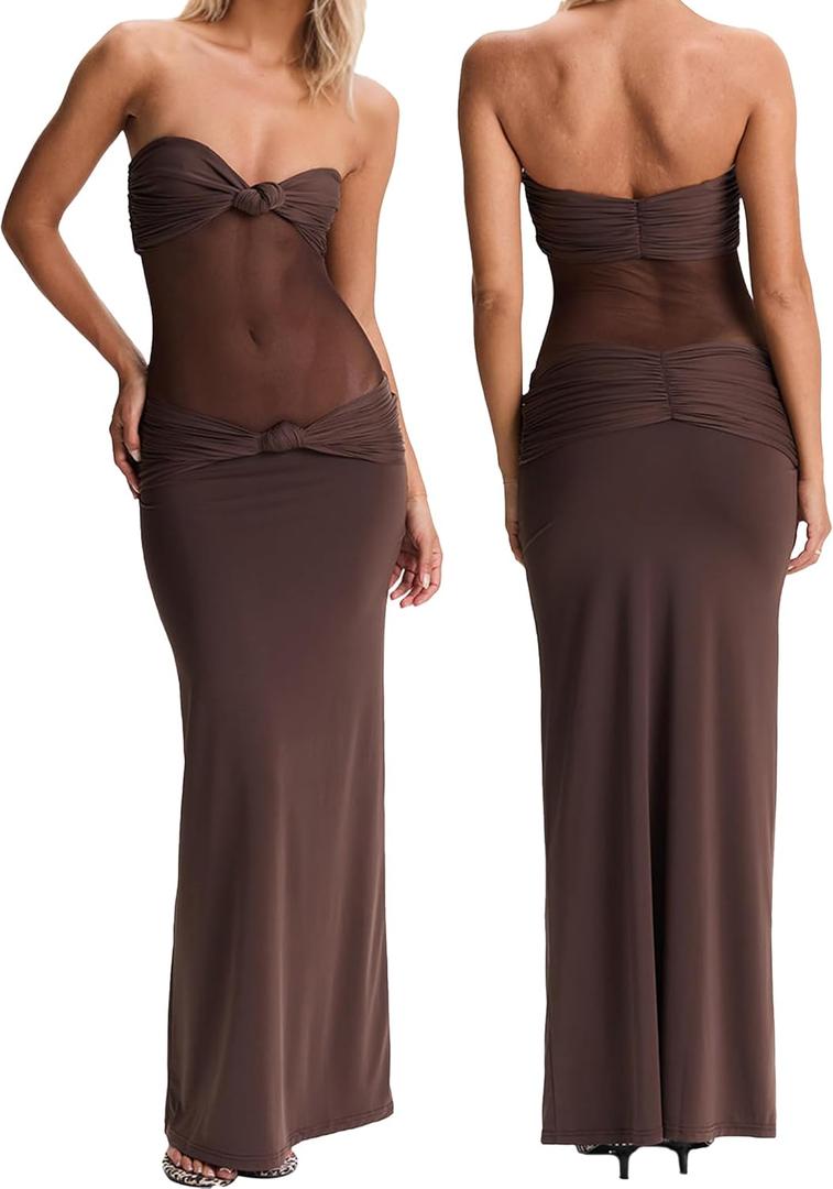 Womens Maxi Dress Removable Spaghetti Straps Knotted Twist Sweetheart See Through Night Club Party Cocktail Bodycon Dress (Small, Brown)