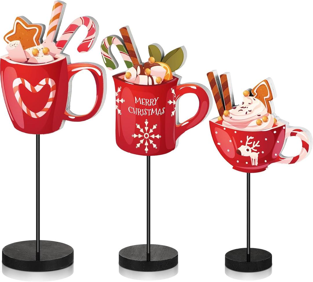 Geetery 3 Pcs Christmas Table Decor Hot Chocolate Bar Hot Cocoa Bar Supplies Christmas Table Centerpieces Wooden Sign Tabletop Decor for Home Xmas Winter Holiday Party Decorations