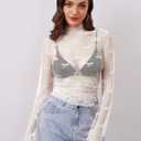 Women Lace Mesh Bow Knot Long Sleeve Tops Mock Neck See Through Sexy Blouse Shirts Sheer Layering Clubwear (White, S)