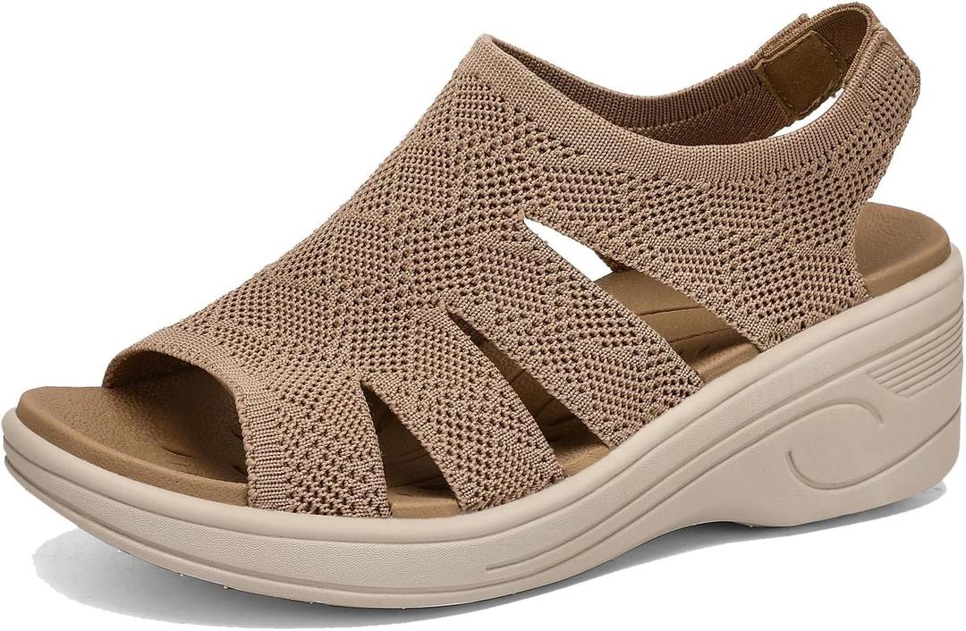 Womens Wedge Sandals Platform Walking Sandals Open Toe Ankle Elastic Strap Casual Comfortable Summer Dressy (6, Mocha)