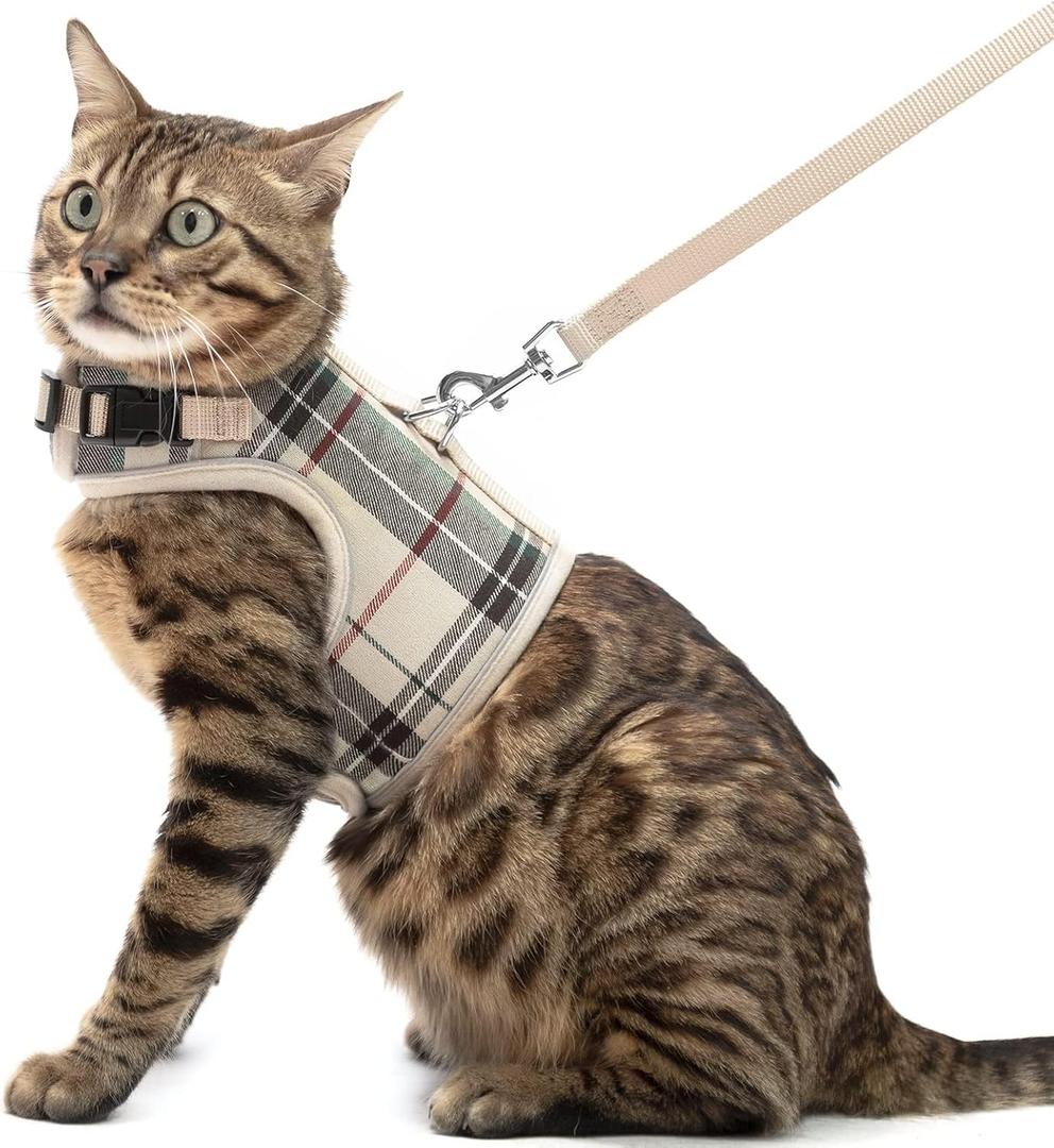 PUPTECK Soft Mesh Cat Vest Harness and Leash Set Puppy Padded Pet Harnesses Escape Proof for Cats Small Dogs Rabbits Bunny, Plaid Beige, L (L(NECK 8.5"-10.5", CHEST 12.5"-15", 6-10 lbs))