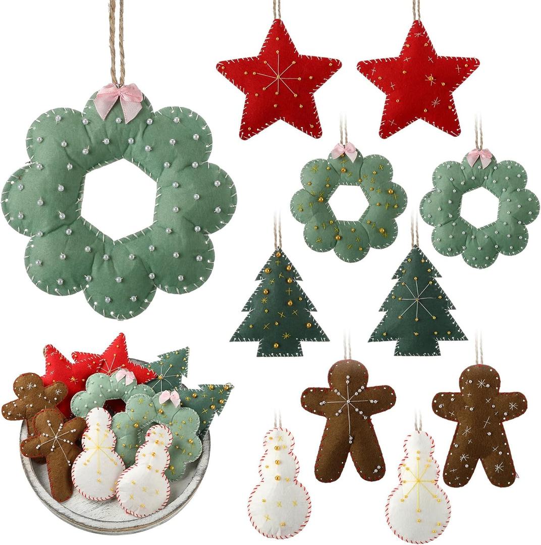 10 Pieces Embroidered Felt Christmas Ornaments Felt Cookies Ornament with Beads 3D Christmas Tree Gingerbread Man Wreath Stars Snowman Hanging Decoration for Xmas Holiday Party Toy
