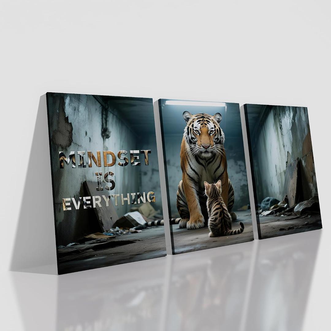 QYHART Inspirational Posters for Office 3 Piece Canvas Wall Art, Mindset Is Everything Tiger Kitten Gritty Triptych Wall Decor for Home Office Classroom, Framed Canvas 48x24 Inch