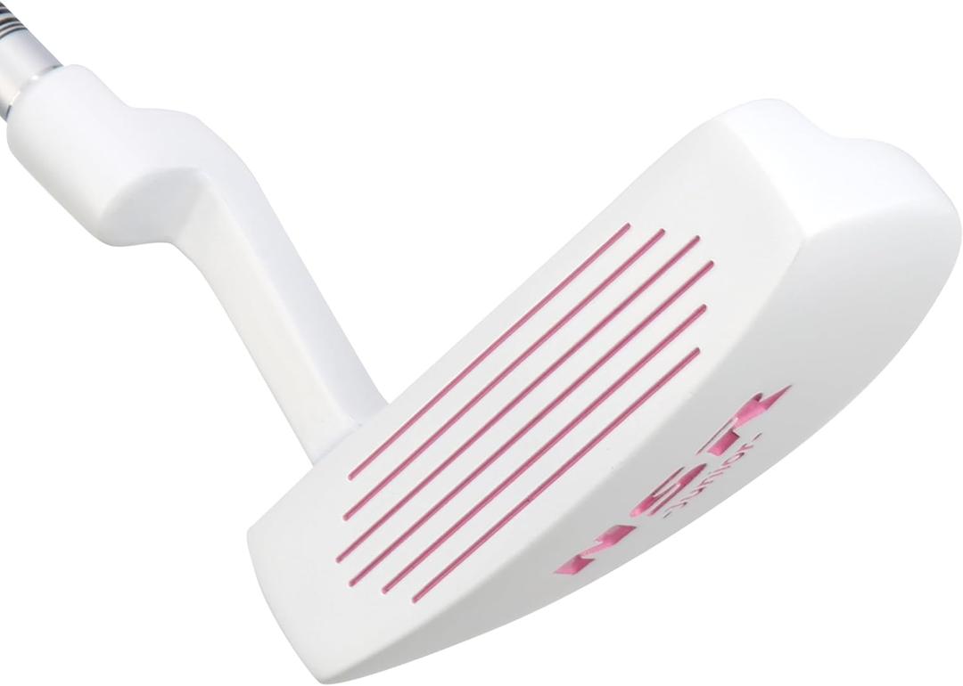 PGM Kids Junior Putter Golf Club Left Handed with Alignment Line | Age 8-12 Soft Grip Stainless Steel Mallet Putter with Enhanced Control and High Forgiveness, White Pink, 27 Inches,  Size 4'0"- 4'5", 