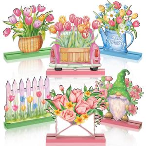 Barydat 6 Pcs Spring Wooden Table Decor Farmhouse Wood Signs Gnome Floral Truck Wooden Plaque for Party Hello Spring Table Centerpiece Decor for Home Kitchen(Flower)
