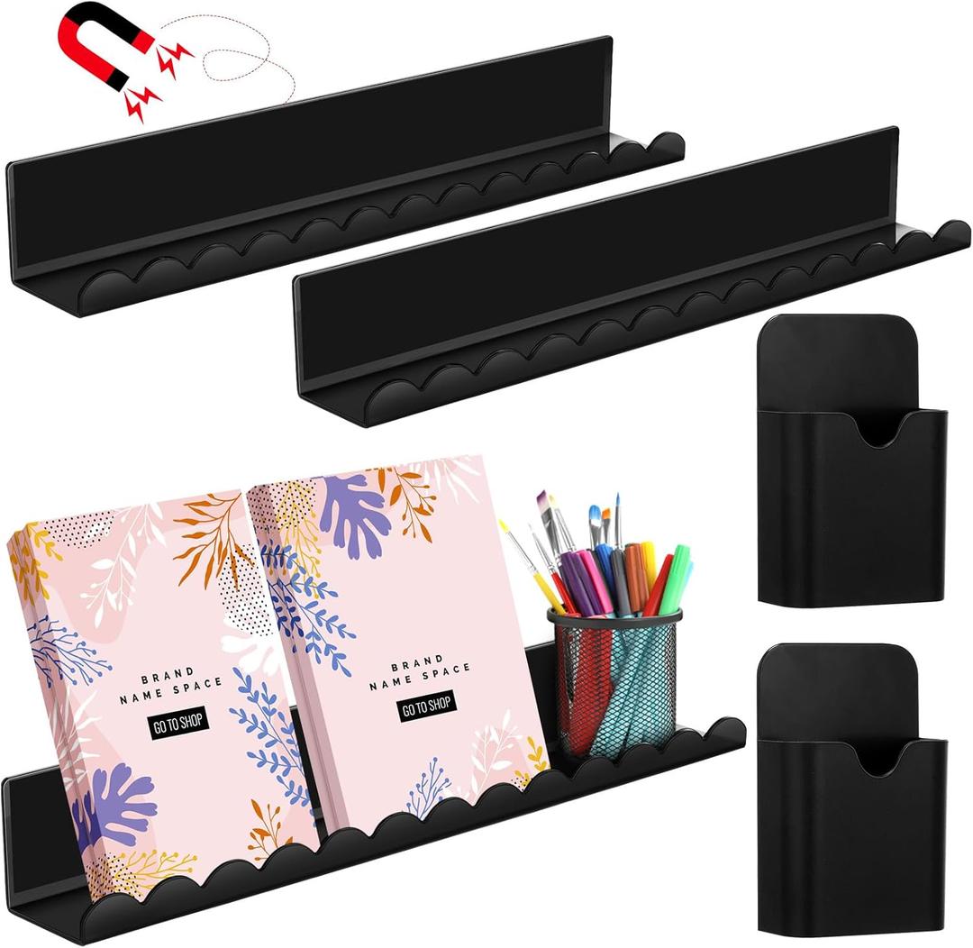 Chunful 5 Pcs Magnetic Book Shelf for Whiteboard 3 Pcs Acrylic Black Floating Magnetic Book Display Shelf and 2 Pen Holder for Classroom, Office, Refrigerator
