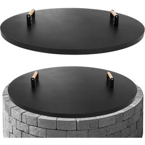 G GOOD GAIN Firepit Lid Round 34inch - Rust Resistant Fire Pit Lid Cover with Wooden Handle & Gloves, Fire Pit Snuffer Lid for Courtyards, Patio, Winter Cold Protection. Fits Fire Pits Up to 32