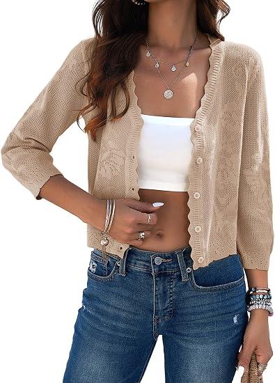 Women Crop Cardigan Sweaters Lightweight 3/4 Sleeve Button Up Crochet Shrug
 M
