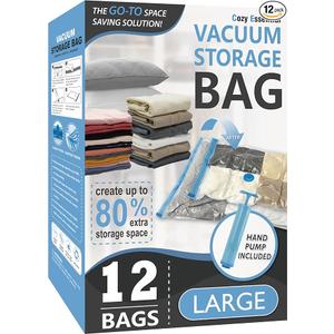 Cozy Essential Vacuum Storage Bags, 80% Compression Vacuum Seal Space Saver Plastic Packaging Bags for Clothes, Blankets, Pillow, Bedding, Comforters, Sealer Clothing Storage,12 Combo
