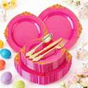 Joyido 125PCS Hot Pink Plastic Plates  Pink Disposable Plate  Elegant Easter Party Plates with Gold Plastic Silverware Sets for 25 Guests for Wedding & Birthday Party & Baby Shower & Easter
