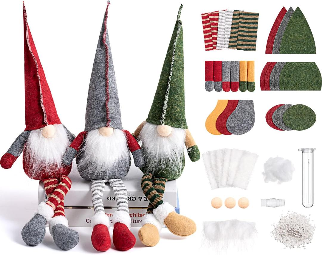 Threan 3 Set DIY Gnome Kit Elf Gnome Plush Crafts Felt Christmas Ornaments Sewing Craft DIY Ornaments for Kids Adults(Classic Style)