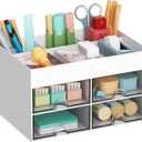 Marbrasse Pen Organizer with 4 Drawer, Multi-Functional Pencil Holder for Desk, Desk Organizers and Accessories with 4 Compartments + Drawer for Office Art Supplies (White)