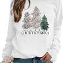 ASTANFY Merry Christmas Sweatshirt for Women Plaid Holiday Long Sleeve Tree Pullover Lightweight Shirt (XX-Large, White)