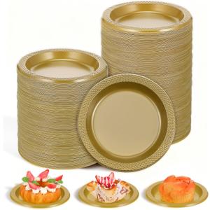 200 Pcs Gold Dessert Plates 6 Inch Plastic Appetizer Cake Plates Disposable Heavy Duty Gold Party Plate For Party Wedding Birthday Dinner Picnic Salad Cake Appetizer