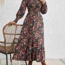 LIGHT DOT Women's Square Neck Casual Floral Dress Long Sleeve Printed Maxi Fall Dress Smocked Flowy (Orange Green,S)