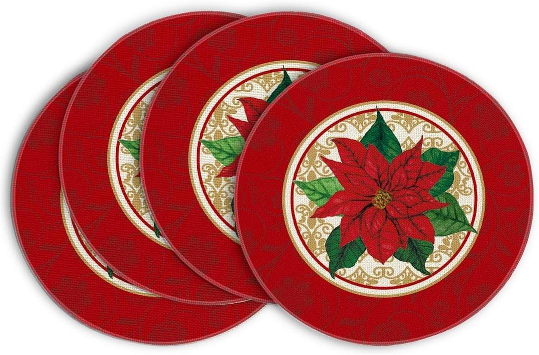 Artoid Mode Watercolor Poinsettia Red Christmas Round Placemats Set of 4, 15 Inch Winter Xmas Holiday Round Table Mats for Dining Decoration