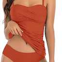 Shuangyu Women's Twist Front Bandeau Tankini Set Two Pieces Ruched Tummy Control Suimsuit with Mid Waist Briefs, L, Brown
