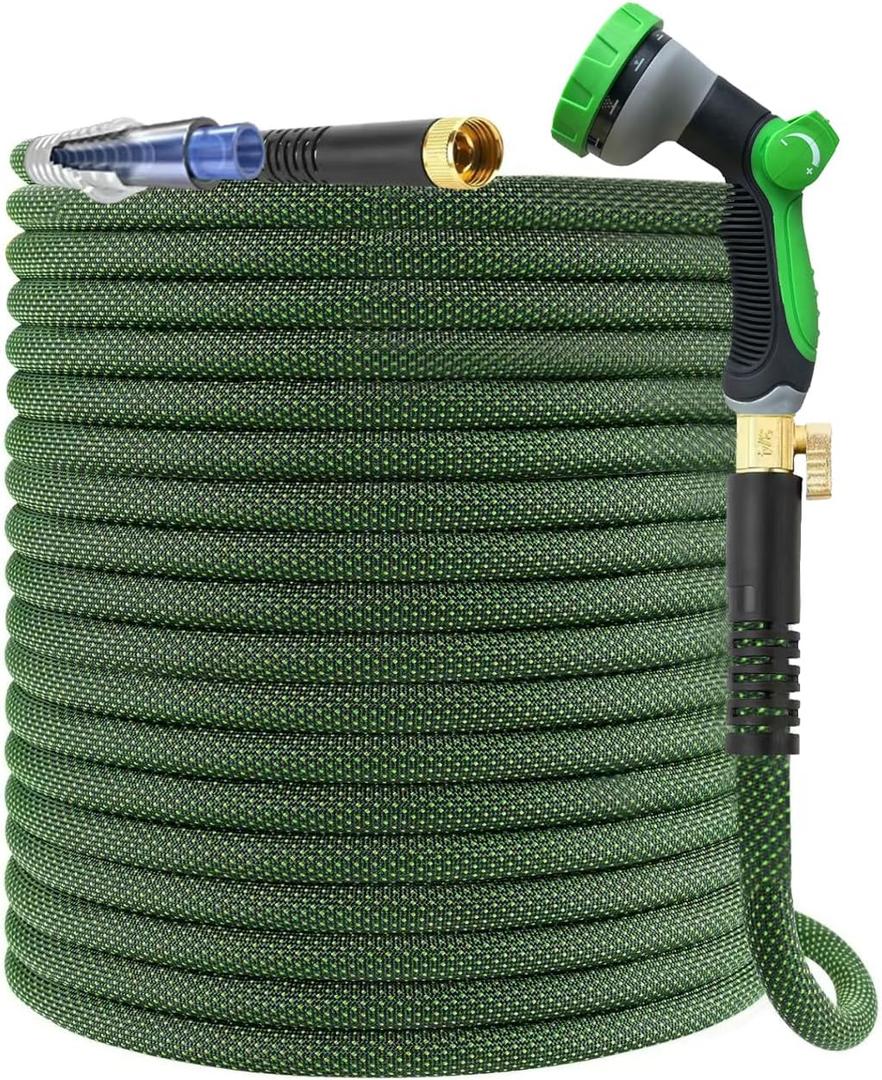 100Ft Non-Expandable Garden Hose, Flexible Water Hose with 10-Pattern Spray Nozzle, Lightweight Hose Pipe, Kink-Free, Leak-Proof, 3/4" Solid Metal Fittings (Green)