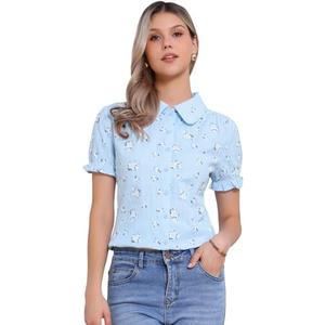 Allegra K Women's Peter Pan Collar Shirt Cotton Vintage Short Sleeve Button Down Shirt, XL